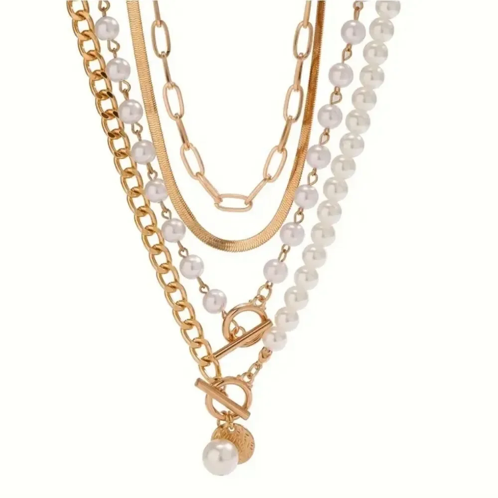 4 Pieces Set Golden Chain Lab Pearl Decor Pendant Necklaces